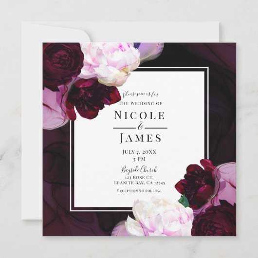 Dark Wine Moody Floral Moderne Elegante Glam Weddi Einladung (Vorderseite)