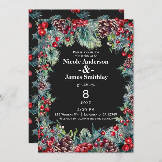 Dark Winter Wedding Holiday Berries & Pine Cones Einladung (Vorne/Hinten)