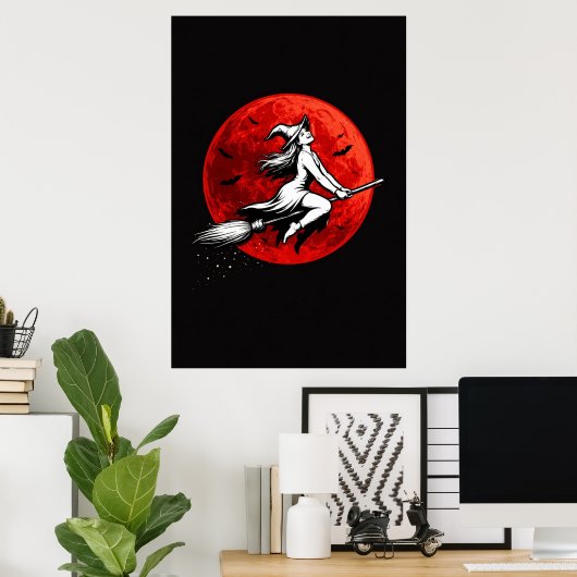 Dark Witch Flying Over Red Moon Poster (Heimbüro)