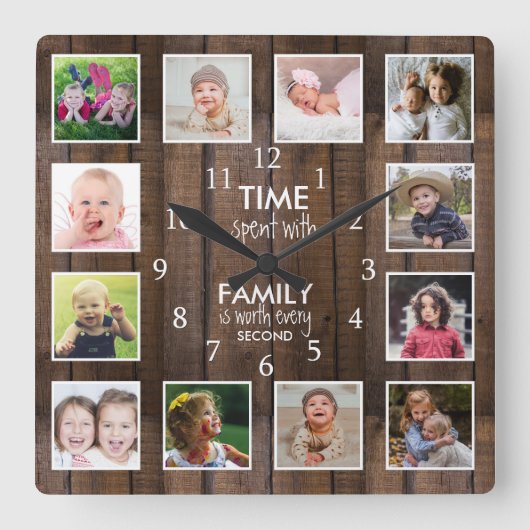 Dark Wood 12 Photo Template Time Family Quote Quadratische Wanduhr (Vorderseite)