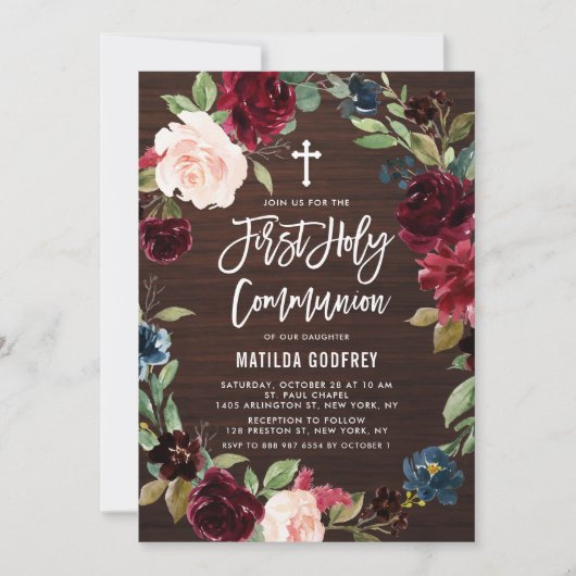 Dark Wood Burgundy Blumenreath Erste Kommune Einladung (Vorderseite)