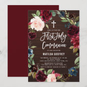 Dark Wood Burgundy Blumenreath Erste Kommune Einladung (Vorne/Hinten)