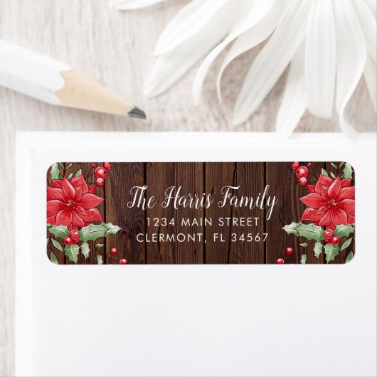 Dark Wood Christmas Poinsettia Holly Berry Label (Insitu)