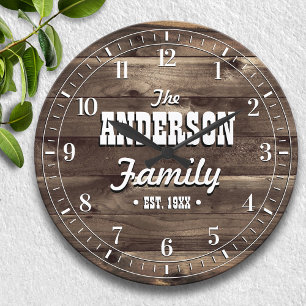 Dark Wood Grain Personalisierter Familienname Große Wanduhr