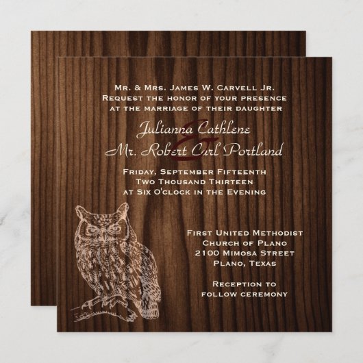 Dark Wood Owl Wild Life Wedding Einladung (Vorne/Hinten)