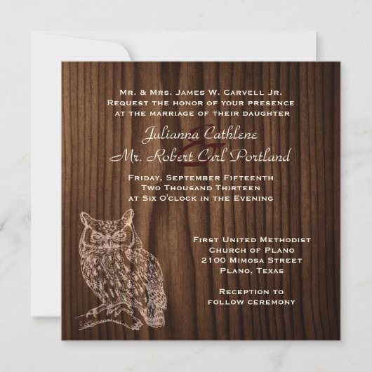 Dark Wood Owl Wild Life Wedding Einladung (Vorderseite)