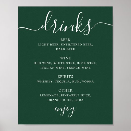 Dark Woodland Green Wedding Drinks Menu | Bar Sign Poster (Vorne)