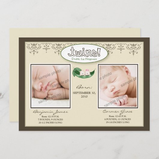 Darling 12x18 Twin Boy/Girl Taupe Geburtserklärung Ankündigung (Vorne/Hinten)