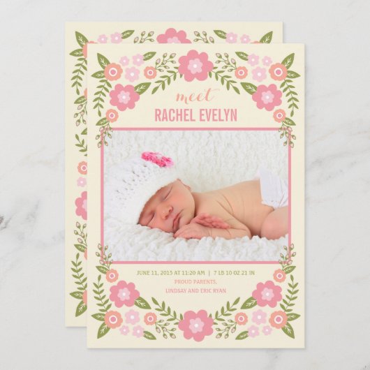 Darling Blooms Geburtsankündigung - Creme Ankündigung (Vorne/Hinten)