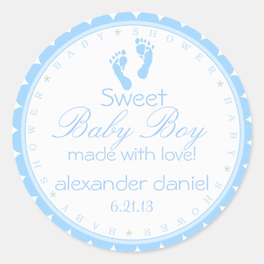 Darling Blue Footprints Baby Dusche Runder Aufkleber (Vorderseite)