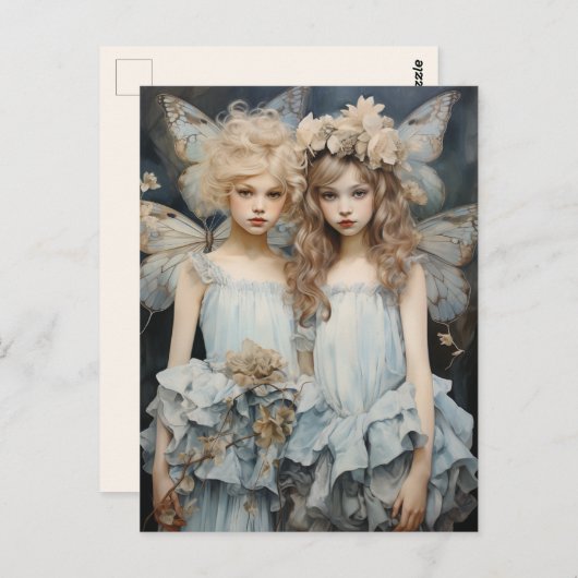 Darling Fairies Blue Satin Dress Hübsch Wings Postkarte (Vorne/Hinten)