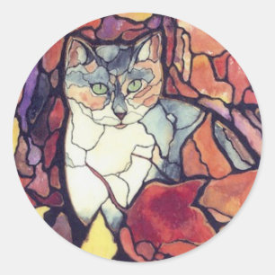 Darling Herbst Leaves Kitty Cat "Buntglas" Runder Aufkleber