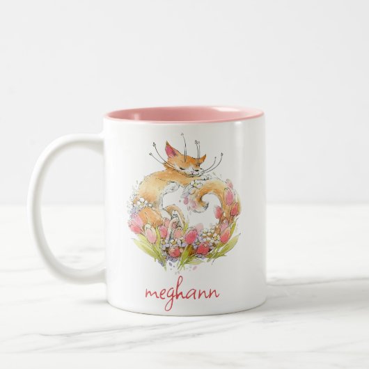 Darling Kitty Cat mit rosa Tulips Personalisiert Zweifarbige Tasse (Links)