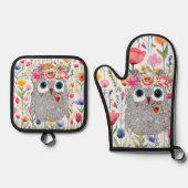 Darling Pink Crown Floral Owl Ofenhandschuh & Topflappen-Set (Vorderseite)