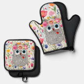 Darling Pink Crown Floral Owl Ofenhandschuh & Topflappen-Set (Vorderseite/Rückseite)