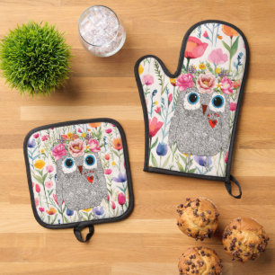 Darling Pink Crown Floral Owl Ofenhandschuh & Topflappen-Set