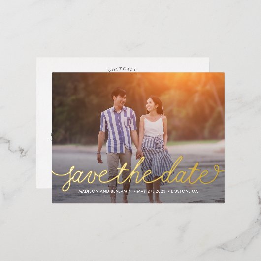 Darling Script Foil Save the Date Postcard Folie Einladungspostkarte (Vorderseite/Rückseite)