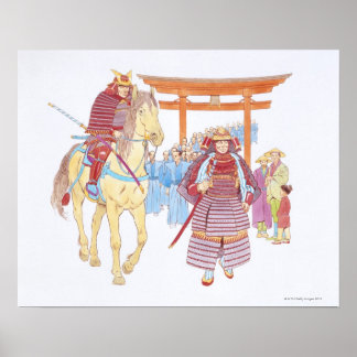 Darstellung der führenden japanischen Samurai Poster