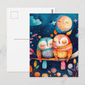 Darstellung der nachts im Wald umarmten Eulen Postkarte (Vorne/Hinten)