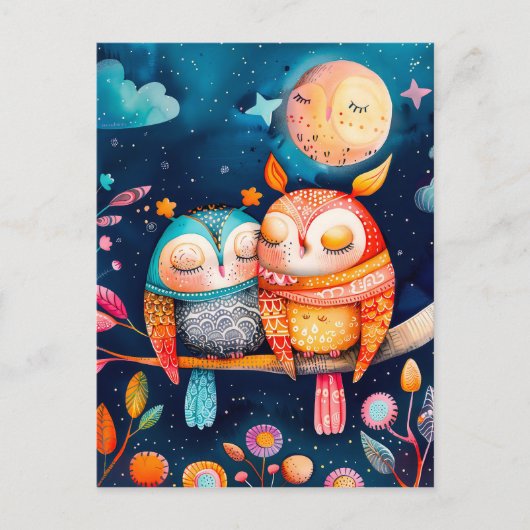 Darstellung der nachts im Wald umarmten Eulen Postkarte (Vorderseite)