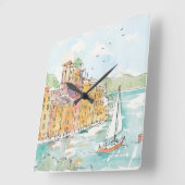 Darstellung des Hafens von Porofino mit Segelboot Quadratische Wanduhr (Winkel)
