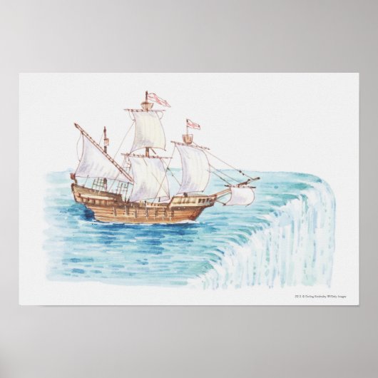 Darstellung des Schiffes, das sich dem Wasserfall Poster (Vorne)