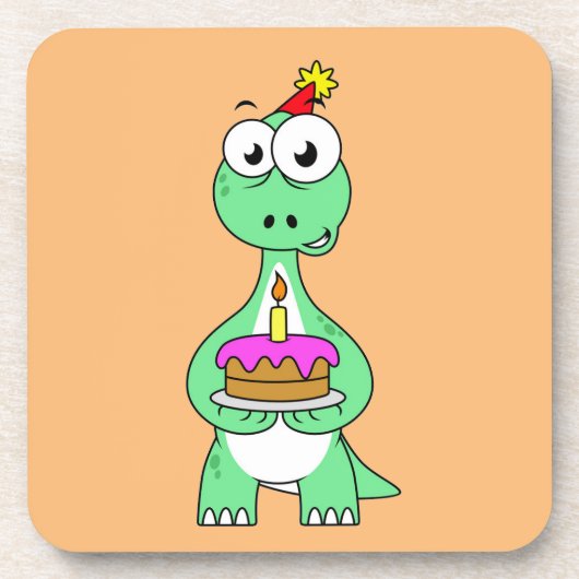 Darstellung eines Brontosaurus mit Geburtstagskuch Getränkeuntersetzer (Vorderseite)