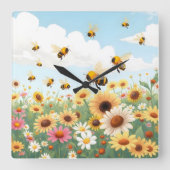 Darstellung niedlicher Bienen und Blume Quadratische Wanduhr (Vorderseite)