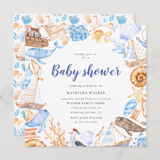 Darstellung von Wasserstränden und Babydusche Einladung (Vorne/Hinten)