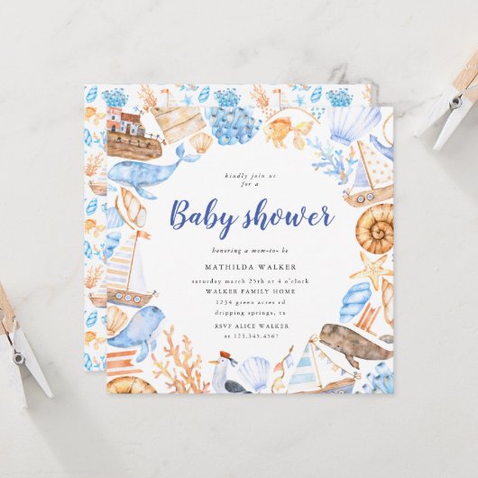 Darstellung von Wasserstränden und Babydusche Einladung (Vorderseite/Rückseite Beispiel)