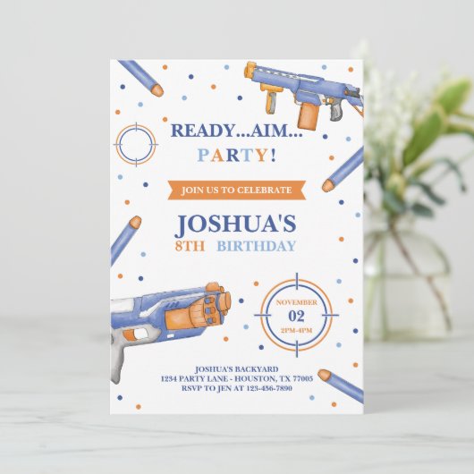 Dart Gun Birthday Einladung (Stehend Vorderseite)
