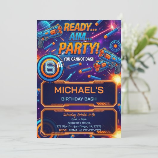 Dart Gun Birthday Invitation Einladung (Stehend Vorderseite)