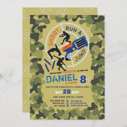 Dart Gun Fun Aim Shoot Camouflage Parkplatz Einladung (Vorne/Hinten)