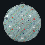 Dart-Karte für das hintere Flugzeug Dartscheibe<br><div class="desc">Schnallen Sie sich an. Dieses Muster-Dart-Board für Retro-Flugzeuge ist für den Start bereit. Das Design umfasst die Linien roter, königsblau und weißer moderner Flugzeuge aus der Mitte des Jahrhunderts, die über einen stahlblauen Hintergrund fliegen. Die zarten Streifen in Orange, Kalkgrün und Grau sowie die aquamarinen Punkte verleihen diesem skurrilen Stück...</div>