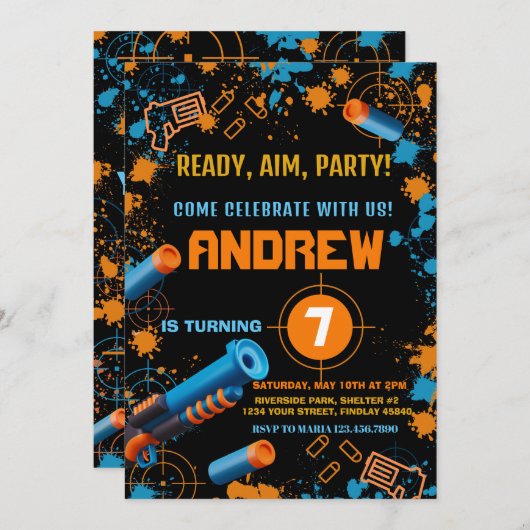 Dart Party Birthday Einladung | Dart Gun (Vorne/Hinten)