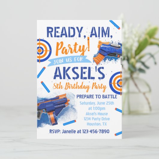 Dart Party Birthday Einladung | Dart Gun (Stehend Vorderseite)