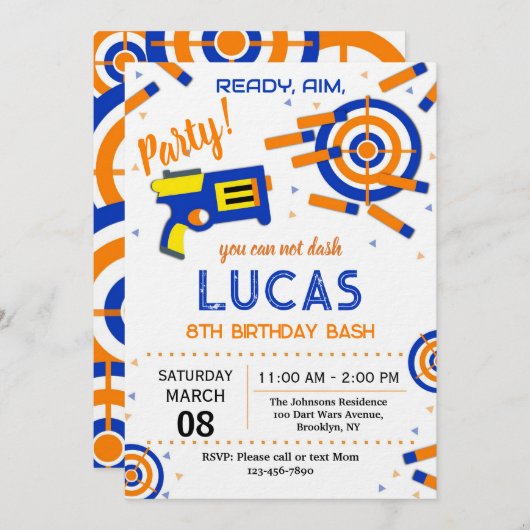 Dart Party Birthday Invitation | Dart Gun Einladung (Vorne/Hinten)