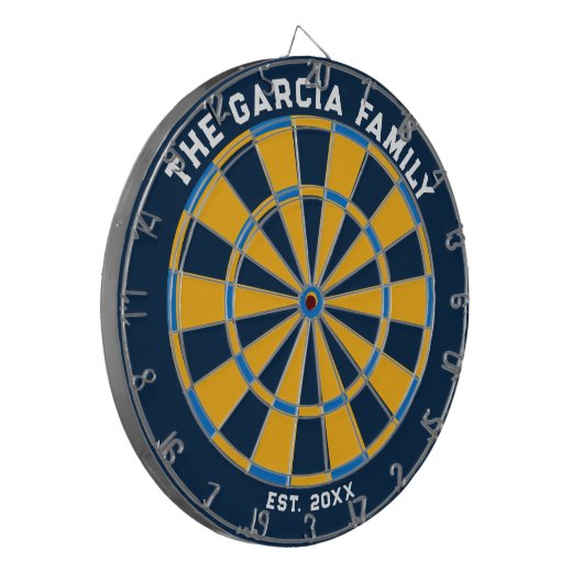 Dartboard der blauen und gelben Familie mit Dartbo Dartscheibe (Vorderseite Links)