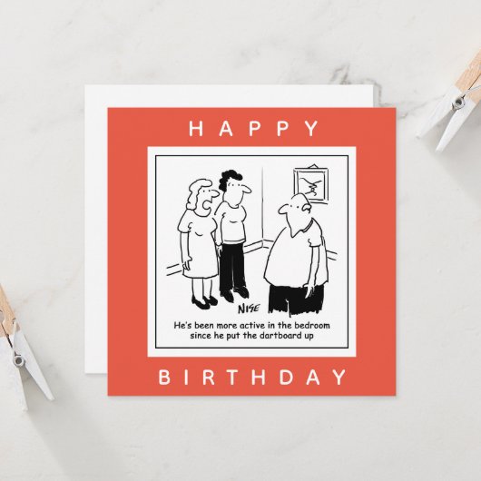 Dartboard im Schlafzimmer. Funny Cartoon Karte (Vorderseite/Rückseite Beispiel)