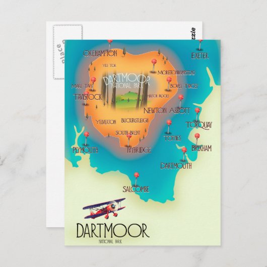 Dartmoor National Park Map Reiseposter Postkarte (Vorne/Hinten)