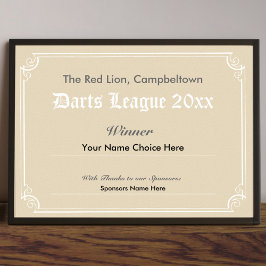 Darts Competition Winner's Certificate Poster