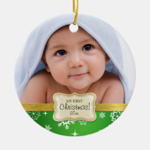 Das 1. Weihnachten des Babys. Weiße und grüne Keramikornament