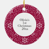 Das 1. Weihnachtsfest im Foto Red White Snowflakes Keramik Ornament (Hinten)