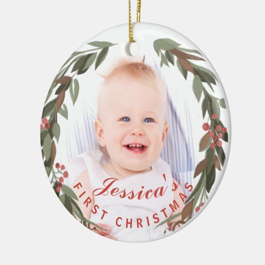 Das 1. Weihnachtskranz-Foto von Baby Keepake Keramik Ornament (Links)