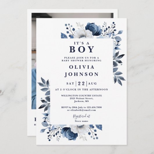 Das A Boy Blue Floral Foto QR Babydusche Einladung (Vorne/Hinten)