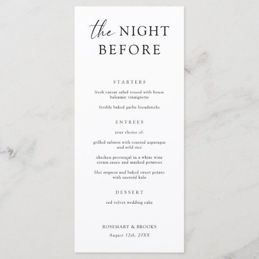 Das Abendmenü vor der Hochzeit mit Probe Menükarte (Vorderseite)