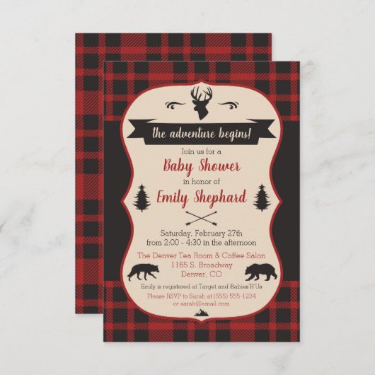 Das Abenteuer beginnt! Buffalo Kariert Baby Dusche Einladung (Vorne/Hinten)