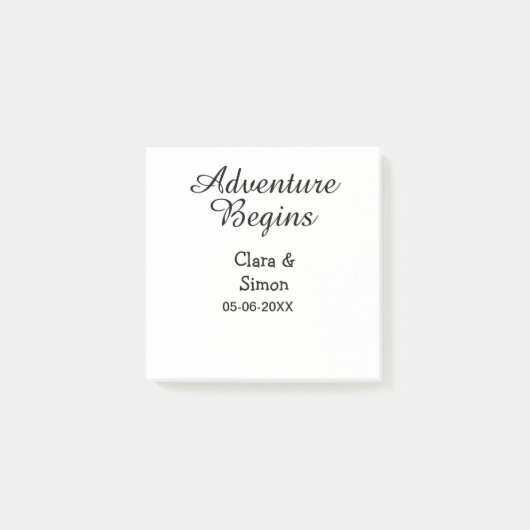 Das Abenteuer beginnt Hochzeitspaar Name Datum ein Post-it Klebezettel (Vorderseite)