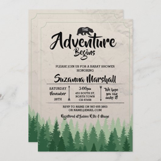 Das Abenteuer beginnt mit dem Baby-Duschbären Wint Einladung (Vorne/Hinten)