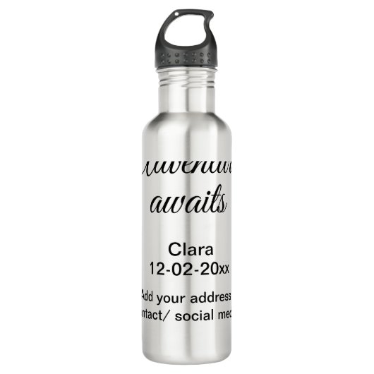Das Abenteuer beginnt mit dem Hinzufügen des Namen Edelstahlflasche (Vorderseite)